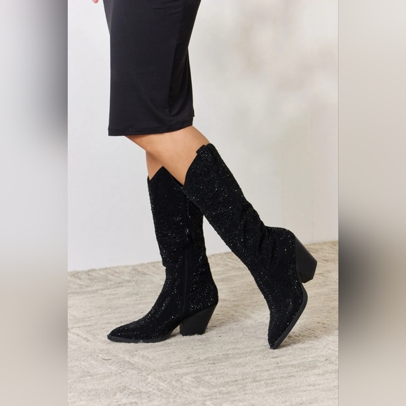 Forever Link Designer Black Rhinestone Knee High Cowboy Boots - Picture 5 of 7